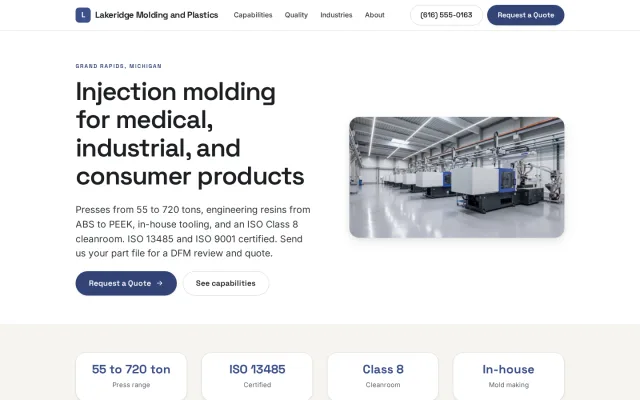 Home page of the Lakeridge Molding and Plastics demo site
