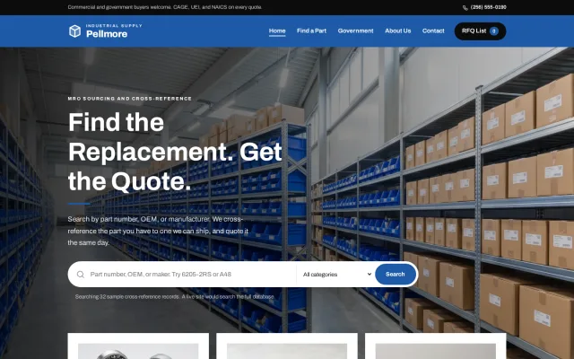 Home page of the Pellmore Industrial Supply demo site