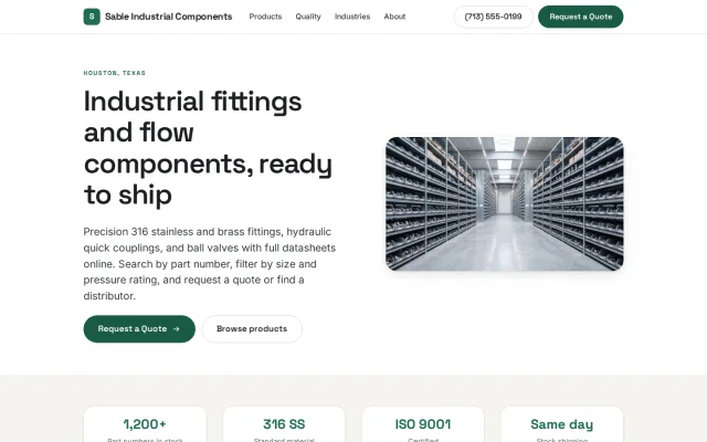 Home page of the Sable Industrial Components demo site