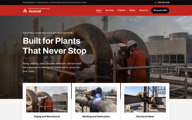 Home page of the Ventrell Industrial Services demo site